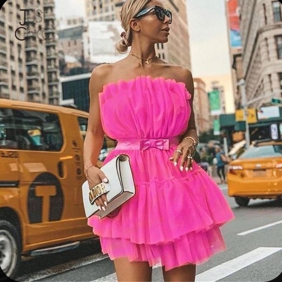 Hot pink barbie tulle ballerina mini dress bow belt kendall jenner tiered layer - Picture 5 of 9